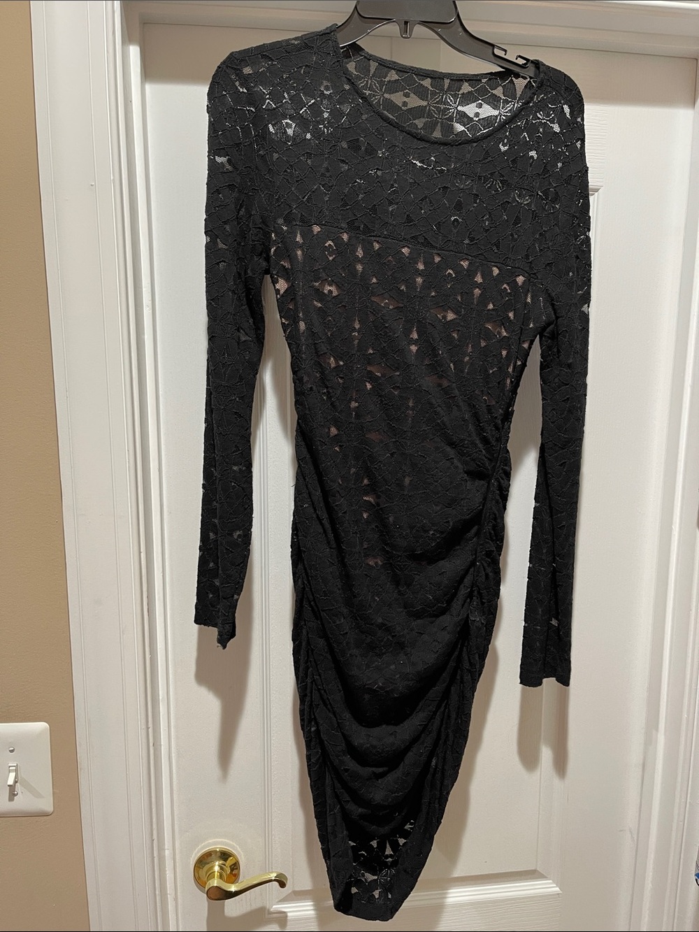 BCBGMaxAzria Black Long-Sleeve Lace Ruched Sheer Dress
